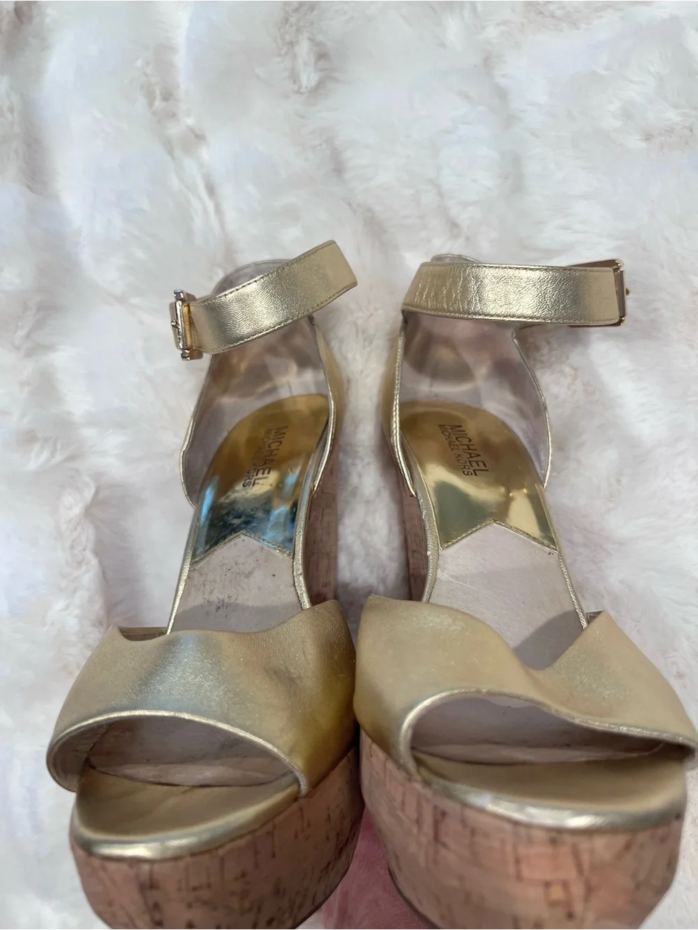 Michael Kors Metallic Gold Cork Wedge Sandals with Ankle Strap